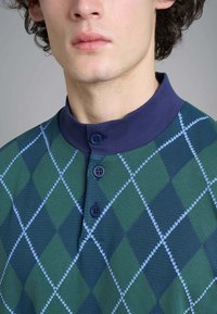 Polo verde e blu con motivo a diamante; presenta un colletto blu e tre bottoni blu sul collo. Morbida texture a maglia.