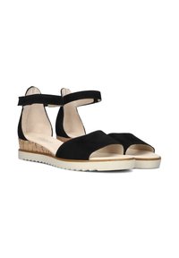 Zwarte wedge-sandalen met een open teen en enkelbandje, met een kurkstructuur op de wedge en een witte rubberen zool. Glad stoffen afwerking.