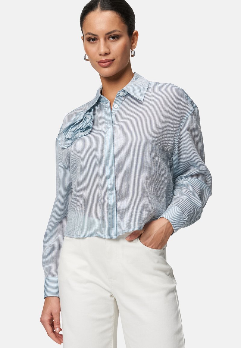 Blue and white striped blouse with a collar, short length, and a flower detail on the left shoulder. Long sleeves, lightweight fabric.