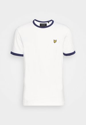 Hvid T-shirt med korte ærmer med marineblå krave og ærmekanter, med en lille gul fuglelogo på venstre bryst.