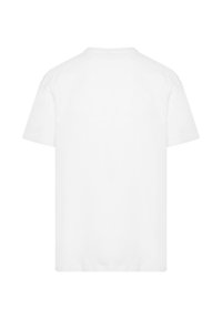 Weißes Baumwoll-T-Shirt mit klassischem Rundhalsausschnitt, kurzen Ärmeln und entspanntem Schnitt, das eine glatte, weiche Textur aufweist.