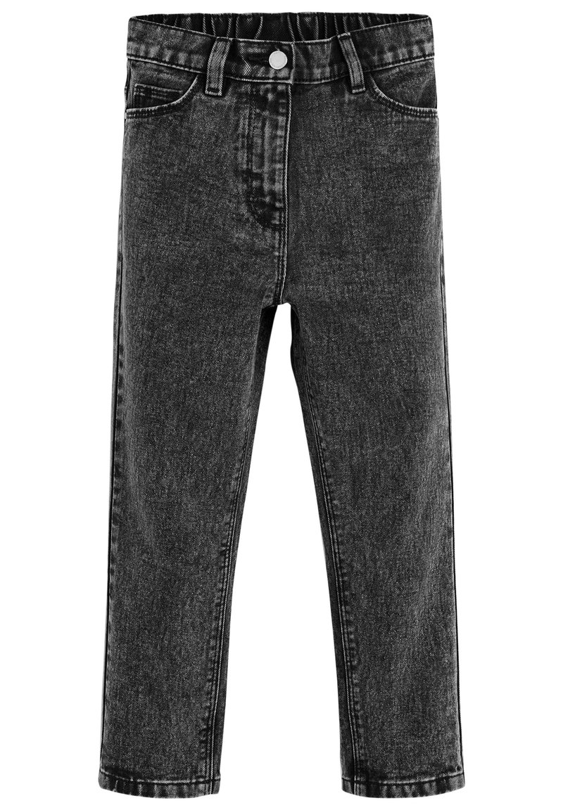 Svarta denimjeans med rak passform, hög midja, fem fickor och knäppning med knapp. Slät textur med minimal användning.