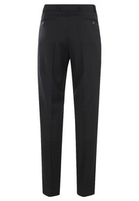 Zwarte formele broek met een getailleerde pasvorm, flat front en twee achterzakken. Gemaakt van gladde stof met een subtiele glans. Antislip tailleband.