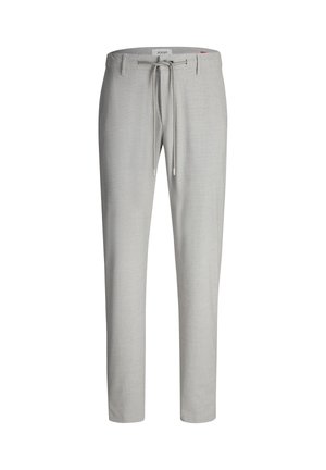 Pantaloni grigio chiaro su misura con vestibilità slim, passanti per cintura e chiusura frontale con coulisse.