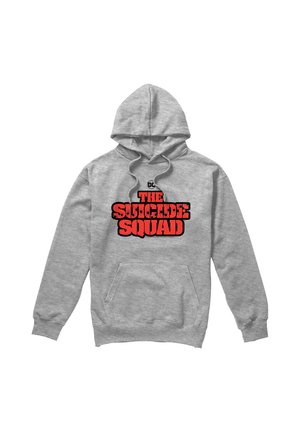 Gray hooded sweatshirt with front pocket and red "The Suicide Squad" logo in bold black outline on the chest, includes small DC logo above text.