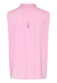 Top senza maniche di colore rosa realizzato in tessuto morbido; presenta una chiusura sul retro a chiave con due bottoni e una silhouette rilassata e drappeggiata.