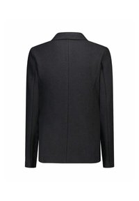 Blazer nero con design strutturato, dotato di colletto a punta e maniche lunghe. Texture liscia e linee pulite. Nessun hardware visibile.