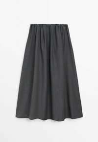 Jupe gris foncé jusqu'aux genoux avec taille élastique froncée et plis doux, fabriquée en tissu tissé léger.