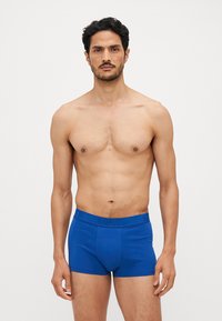 Boxer briefs de algodão azul com um cós com logótipo. O tecido parece suave e elástico, projetado para conforto e ajuste.
