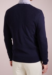 Man som bär en marinblå tröja över en randig skjorta med krage och ljusa beige byxor, sedd från baksidan.