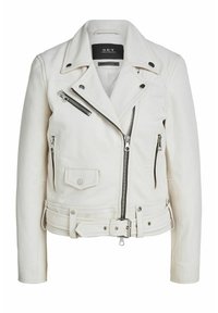 Biała skórzana kurtka motocyklowa z srebrnymi suwakami, napami i paskiem w talii. Posiada klasyczny asymetryczny krój i wiele kieszeni.