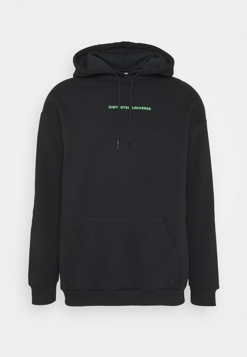 Black hoodie with a front kangaroo pocket, a drawstring hood, and "DISTORTED UNIVERSE" logo in green across the chest. Soft fabric texture.