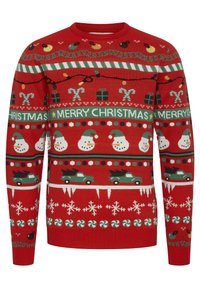 Roter gestrickter Weihnachtspullover mit Schneemännern, Geschenken, Bäumen und festlichen Mustern. Rippenkragen und -bündchen, mit kontrastierenden grünen und weißen Akzenten.