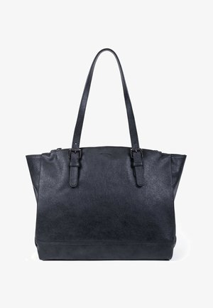Sac fourre-tout en cuir noir avec une forme structurée, deux poignées et une surface texturée. Présente un matériel minimal et un fond plat pour la stabilité.