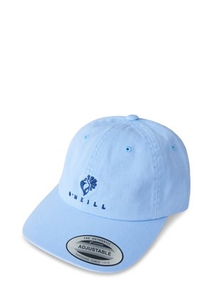 Lichtblauwe katoenen pet met een gebogen klep, geborduurd logo en verstelbare riem, met een gladde textuur en een ontwerp met zes panelen.