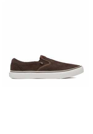 Brown slip-on sneaker with textured fabric upper and white rubber sole, viewed from the side on a white background.