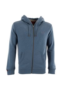 Blå zip-up hættejakke lavet af blødt stof, med snøre i hætten, to frontlommer og ribkant ved ærmerne og kanten. Lille logo på brystet.