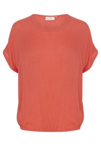 Blusa corallo arancione a taglio largo con maniche corte, scollatura rotonda e orlo elasticizzato. Tessuto morbido, design semplice e colore unito.