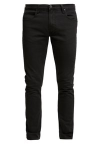 Svarta smala jeans med framfickor, bälteshankar och knapplås, visade mot en vit bakgrund.