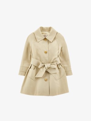 Bež plašč z ovratnikom, dvema velikima sprednjima žepoma in zavezanjem. Ima enojno gumbasto zapiranje in strukturirane ramena.