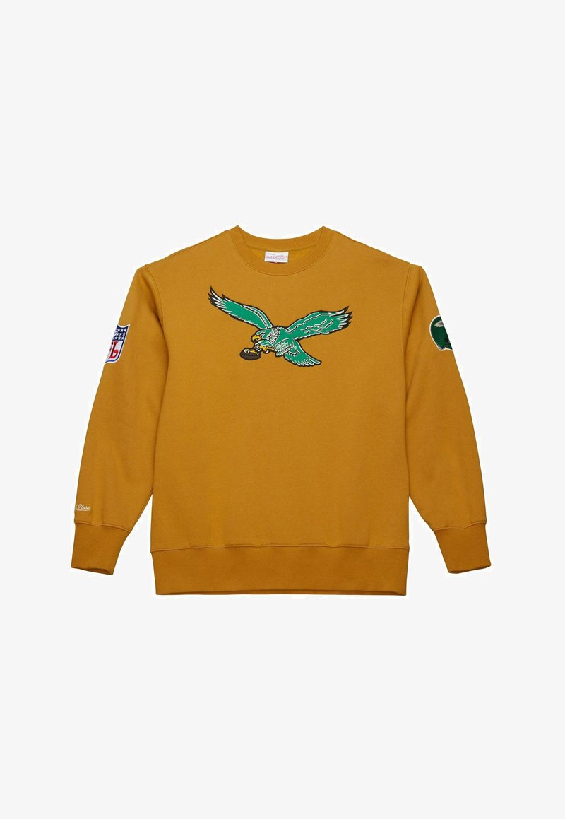 Felpa gialla con un design di un'aquila ricamata al centro, dotata di una toppa con logo sul maniche sinistro e polsini a costine.