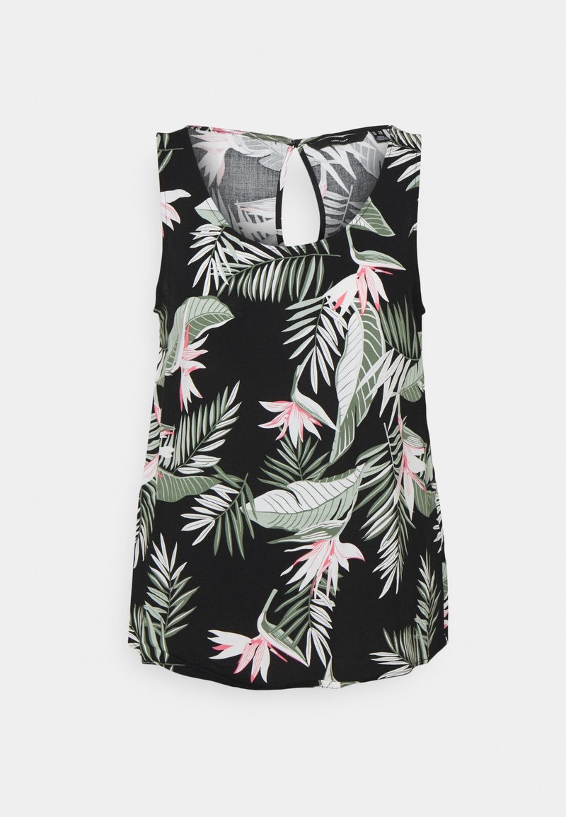 Haut noir sans manches avec motif de feuilles et fleurs tropicales roses et vertes, et une ouverture en trou de serrure au niveau de l’encolure.