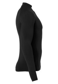 Maglietta compressiva nera a maniche lunghe con un design aderente, colletto alto e superficie liscia, adatta per attività atletiche.