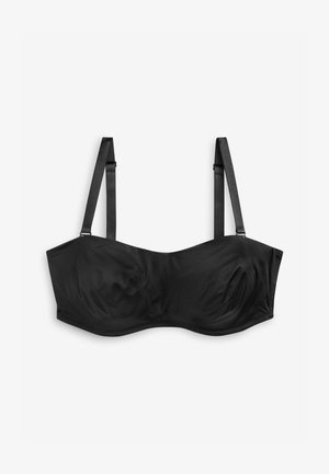Reggiseno balconette nero in tessuto liscio, con spalline strette regolabili e design con ferretto strutturato. Nessun dettaglio o motivo.