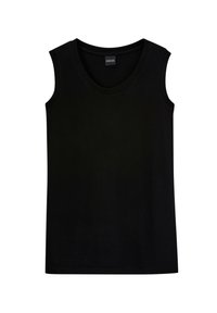 Zwarte mouwloze tanktop met een ronde hals, gemaakt van zachte, ademende stof. Heeft een gladde textuur en een eenvoudig ontwerp.