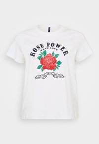 Weißes Baumwoll-T-Shirt mit einem roten Rosengrafik, grünen Blättern und dem Text "ROSE POWER TRUE LOVE" in fetter schwarzer Schrift. Rundhalsausschnitt.