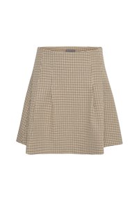 Gonna a scacchi marrone e beige con design plissè. Presenta una vita adatta e orlo svasato. Realizzata in tessuto strutturato.