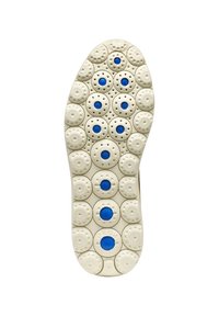 Suola di una scarpa in gomma avorio, con motivi circolari in rilievo e dettagli blu. Il design include perforazioni per la ventilazione.