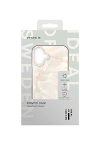 iPhone 16 trykt cover i Rose Pearl Marble med en blank finish, der har sværte af hvide og pink nuancer, samt en åbning til kameraet.