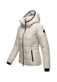 Lichtbeige pufferjack met capuchon, contrasterende zwarte rits en accenten, gestikte textuur, ritszakken aan de zijkant en ribgebreide manchetten.