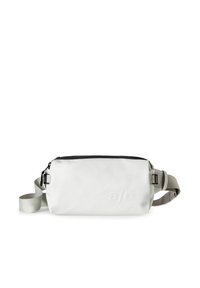 Borsa a tracolla rettangolare bianca con zip nera, tracolla grigia regolabile e logo in rilievo. Realizzata in materiale resistente e liscio.
