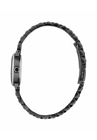 Zwart horloge met een gladde, afgeronde kast, contrasterende, getextureerde band met hartvormige schakels en een eenvoudige verstelbare sluiting.