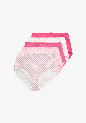 Pět párů dámského spodního prádla s vysokým pasem v růžových a bílých odstínech, včetně jednobarevných a vzorovaných designů, naskládaných na sobě se překrytím.