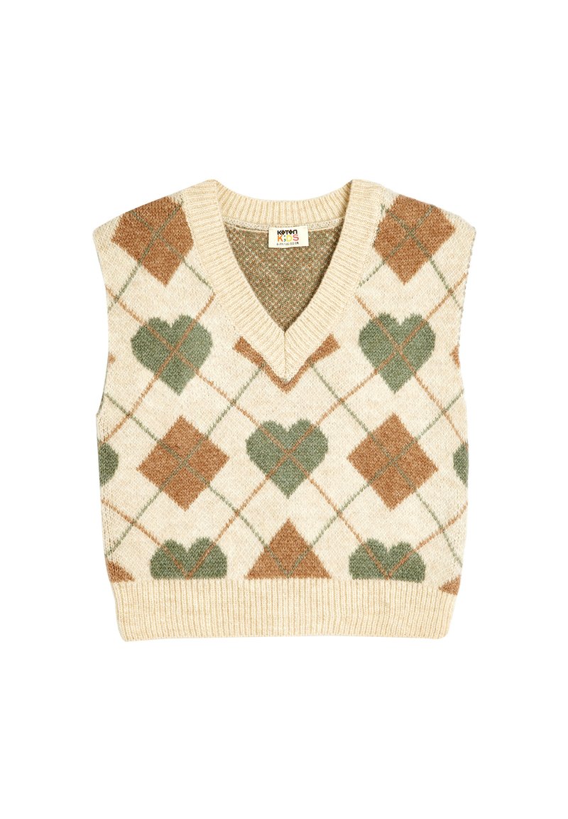 Gilet lavorato a maglia con scollatura a V, caratterizzato da una base crema e un motivo multicolore di diamanti e cuori nelle tonalità di verde e marrone.