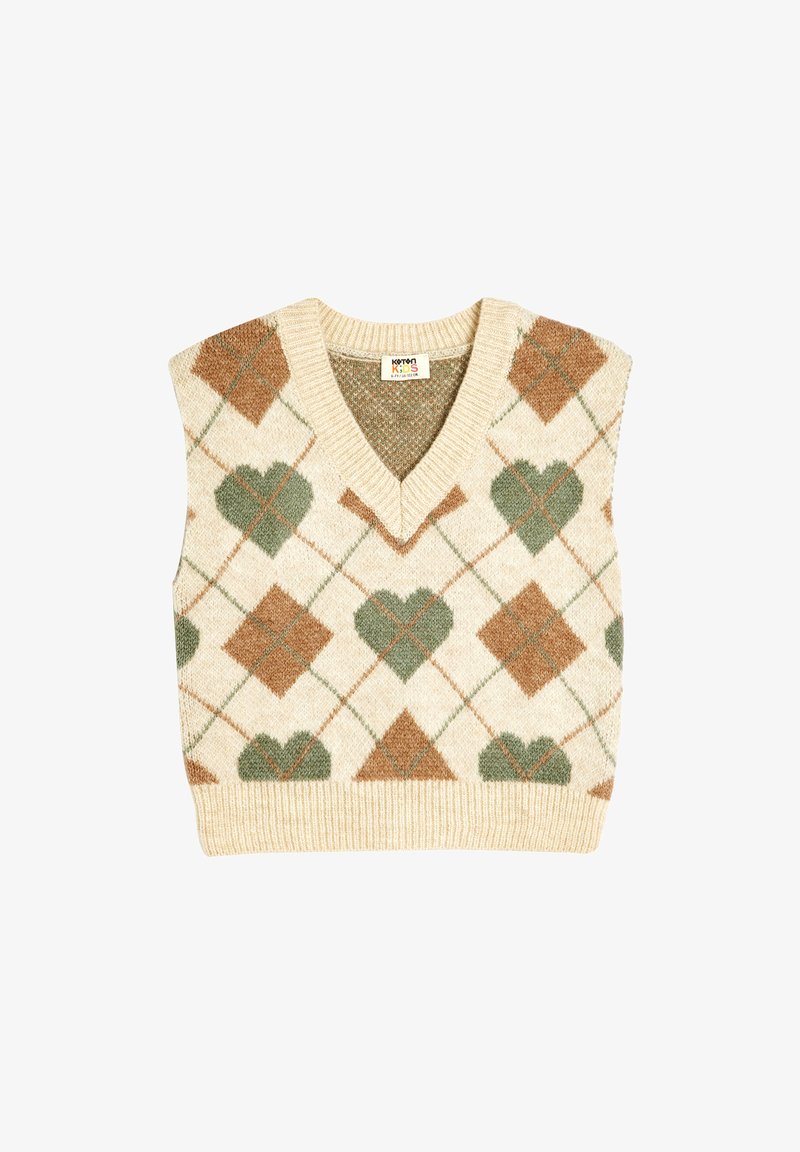 Strickweste mit V-Ausschnitt, in einer cremefarbenen Basis und einem mehrfarbigen Diamanten- und Herzmuster in grünen und braunen Tönen.
