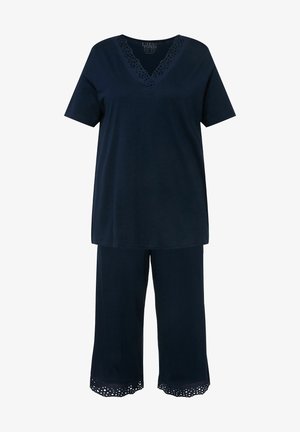 Completo da loungewear blu navy composto da una maglietta a maniche corte con scollo a V e un bordo simile pizzo, abbinato a pantaloni a gamba larga con orlo decorativo.