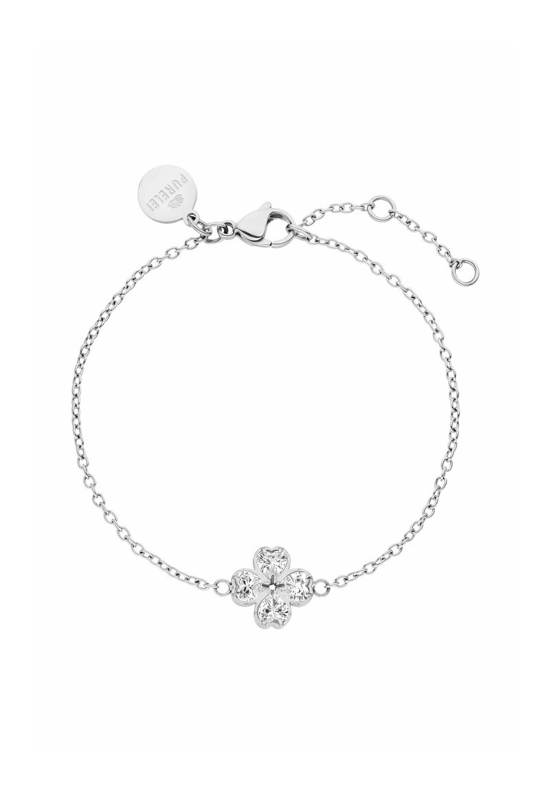 Silberarmband mit einem Blumendesign, das in der Mitte fünf herzförmige klare Kristalle aufweist, sowie einem Karabinerverschluss und einer verstellbaren Kette.