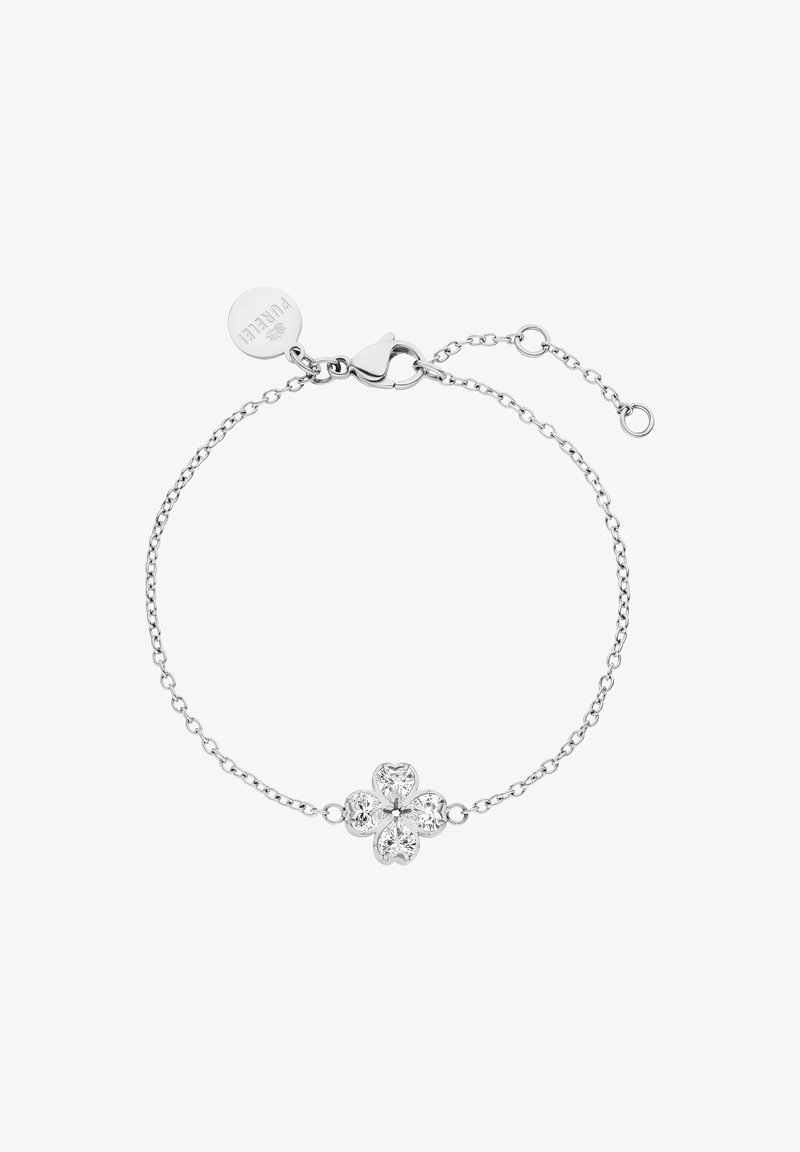 Silberarmband mit einem Blumendesign, das in der Mitte fünf herzförmige klare Kristalle aufweist, sowie einem Karabinerverschluss und einer verstellbaren Kette.