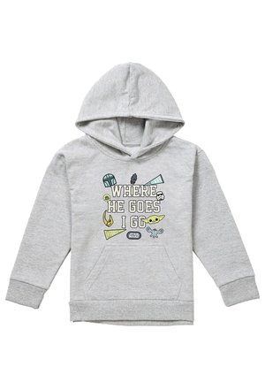 Light gray children's hoodie with "WHERE HE GOES I GO" text and Star Wars-themed icons including Baby Yoda, helmet, and stormtrooper face.