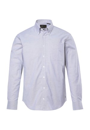 Hellesblaues Langarm-Hemd aus Baumwolle mit Knöpfen. Verfügt über einen Kragen, eine Brusttasche und Knopfmanschetten mit abgerundetem Saum.