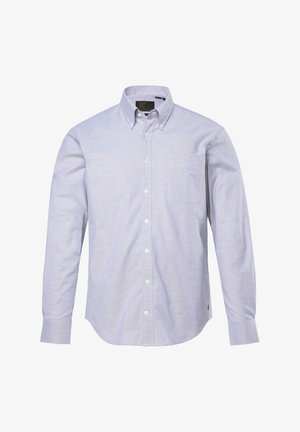 Hellesblaues Langarm-Hemd aus Baumwolle mit Knöpfen. Verfügt über einen Kragen, eine Brusttasche und Knopfmanschetten mit abgerundetem Saum.