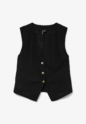 Juoda lininė liemenė be rankovių, V formos iškirpte, penki auksiniai mygtukai ir dvi šoninės kišenės; tekstūruota medžiaga su šiek tiek laisvu siluetu.