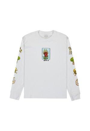 Witte lange mouwen t-shirt met kleurrijke illustraties, waaronder een door vlammen omringde roos en verschillende graphics op de mouwen. Zacht katoenmateriaal.