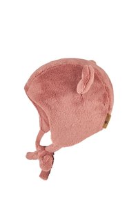 Pink fleece hat with rounded shape, side ear accents, and chin ties for secure fit. Soft texture and smooth finish.