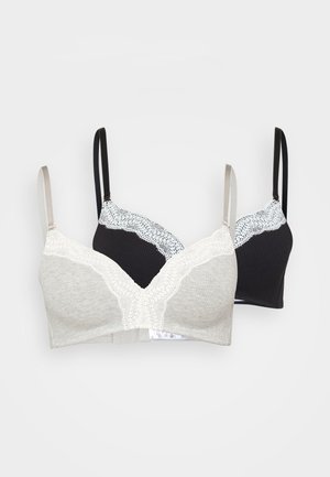 Two wireless bras: one light gray with lace trim and a soft texture; the other black with a ribbed design and lace accents, adjustable straps.