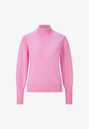 Pink knitted turtleneck sweater with long, slightly puffed sleeves and ribbed hem and cuffs. Smooth texture, fitted design.
